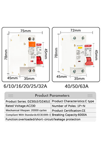 EARUELETRIC 16A DZ30LE DZ47LE EPNL DPNL 230V 1P+N Residual Current Circuit Breaker With Over And Short Current L