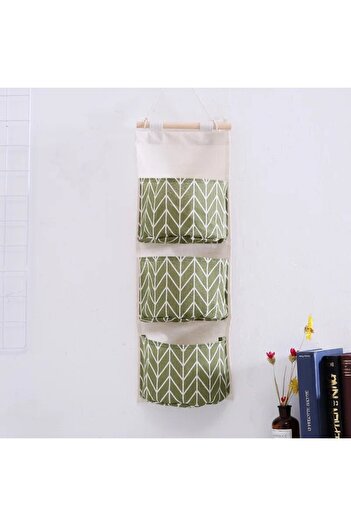 Choice Green Cotton Linen Pattern Hanging Storage Bag 3 Pockets Wall Mounted Wardrobe Hang Bags Wall Pouch