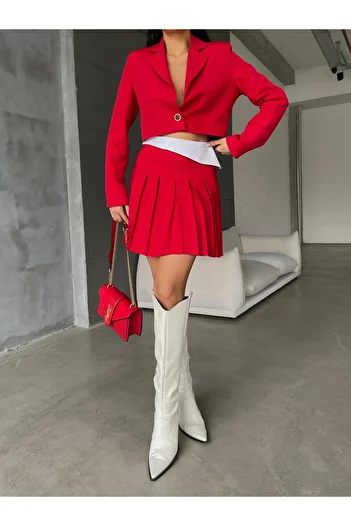 LB Laluna Butik Women's Red Blazer Set with Jacket and Skirt Detail