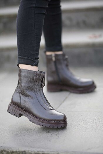 EREN SHOES BAG (ΒΑΚΟΥ) Γνήσιο δέρμα καφέ μπότες από καουτσούκ με λεπτομέρεια με φερμουάρ μπροστά και ορθοπεδική σόλα
