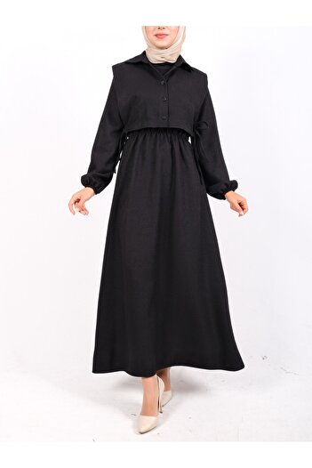 Modamorfo Dress with Shirt Detail and Elastic Waist -Black