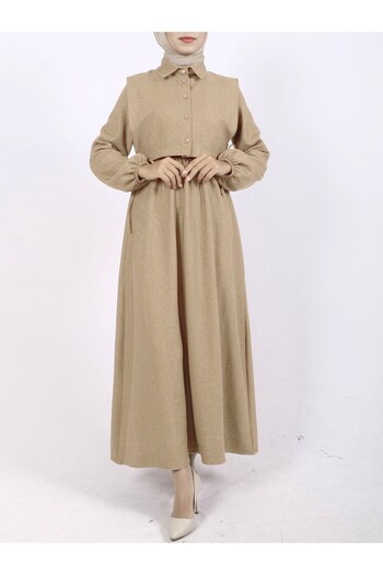 Modamorfo Mink Colored Dress - Top Shirt Detail, Elastic Sleeves and Waist