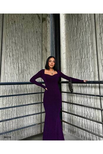 Trendusfashion Long Sleeve Fish Model Evening Dress - V-Neck and Shiny Fabric