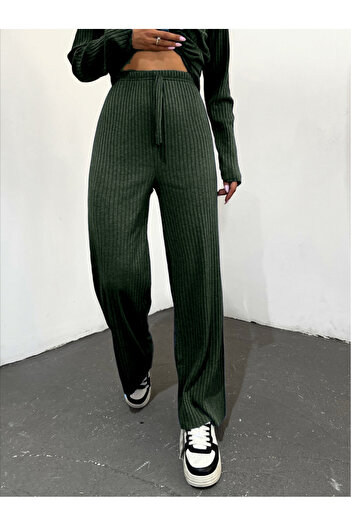 Modamorfo Lace Detailed Loose Ribbed Trousers - Emerald