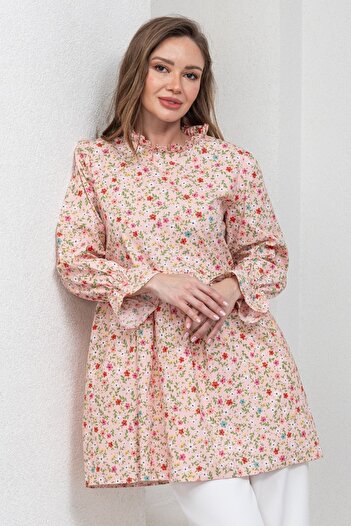 KÜÇÜĞÜM BUTİK Poplin Mini Tunic - Powder Color, Floral Print and Ruffle Collar