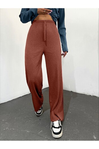 Modamorfo Ribbed Brick Colored Lace Detailed Trousers