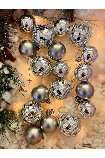 Derin Düşler Christmas Pine Tree Ornament Mirrored Silver Space Gray 4-5cm 18 Pieces Ball Ornament Mixed Ball Tree Ornament