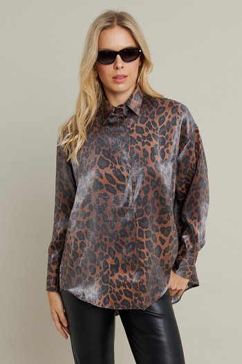 Cool & Modest Women's Camel-Black Shiny Leopard Loose Shirt Mmi̇w1000