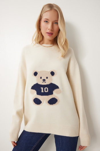 Happiness İstanbul Women's Cream Teddy Bear Textured Soft Knitwear Sweater Mx00177