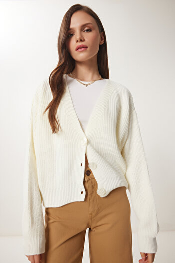 Happiness İstanbul Women's Ecru V-Neck Buttoned Knitwear Cardigan Mx00175