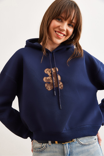 Olalook Women's Navy Blue Bear Appliqued Raised Hooded Sweatshirt Swt- 19000712