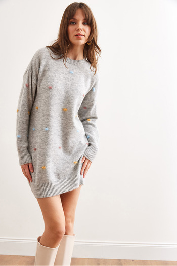 Olalook Women's Gray Color Pompom Soft Textured Tunic Dress Elb- 19001979