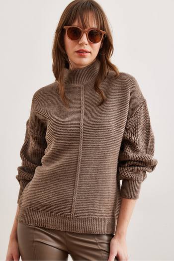Olalook Women's Mink Front Stripe Half Fisherman Knitwear Sweater Kzk- 19000928