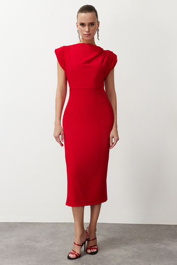 Trendyol Collection Red Degaje Collar Body-Fitting Woven Stylish Evening Dress TPRSS24EL00156