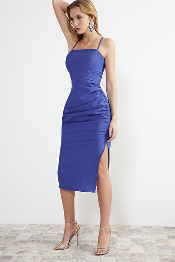 Trendyol Collection Rochie de seară elegantă albastră, lungime midi - drapată, împletită TPRSS23EL00543