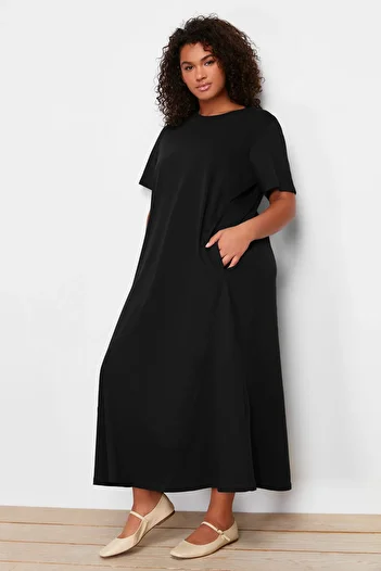 Trendyol Curve Black Midi 100% Cotton Knitted T-Shirt Dress Tbbss24Ah00067