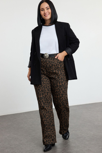 Trendyol Curve High Waist Leopard Print Large Size Straight Jeans - Tbbaw25Cj00003