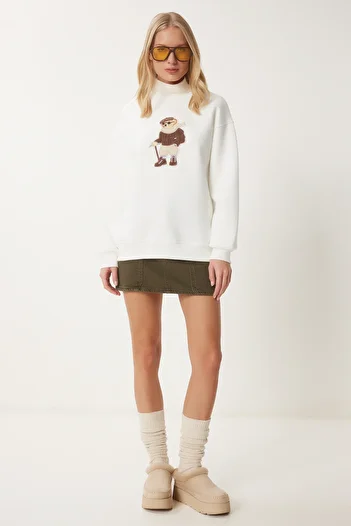 Happiness İstanbul Off-White Teddy Bear Sardin Damen-Strick-Sweatshirt – WE00001