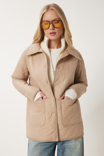 Happiness İstanbul Women's Light Biscuit Shirt Collar Seasonal Quilted Jacket RV00133