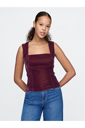 GAP Kadın Kırmızı Kadife Kare Yaka Crop Bluz
