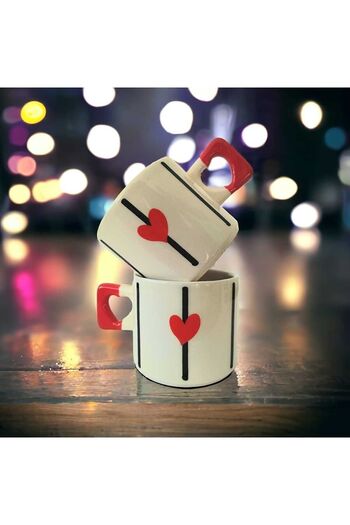 ikiseramik Pack of 2 Elegant Red Heart Patterned Handmade Natural Ceramic Heart Mug Mug Tea Coffee Cup