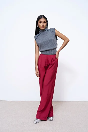 Quzu Burgundy Palazzo Fabric Trousers