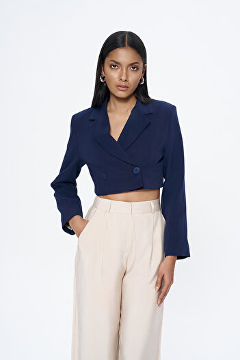 Quzu Double Breasted Crop Blazer Jacket Navy Blue