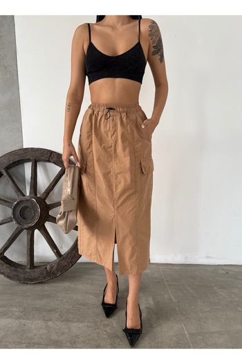 XBELLA DENİM Side Pockets Front Slit Linen Skirt Light Camel