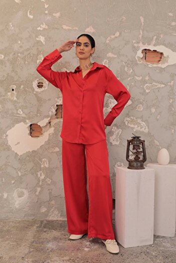 Genel Markalar Kobe Saten Kumaş Beli Lastikli Kadın Pantolon-kırmızı