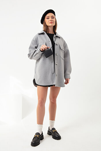 Lafaba Women's Gray Shirt Collar Pocket Shirt Coat
