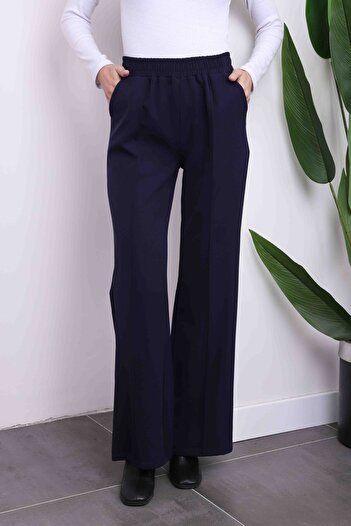 İmajButik Παντελόνι από ύφασμα με ψηλόμεσο μπλε Navy Blue