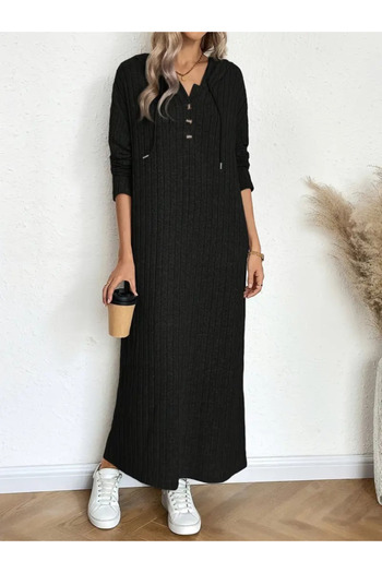 Moka Shopin Mokashopin Women's Long Sleeve Hooded Lace-Up Charted Camisole Long Dress