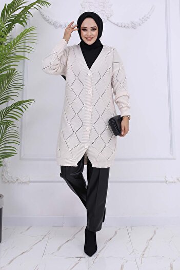 benguen Stone Color Diamond Patterned Cardigan - 409