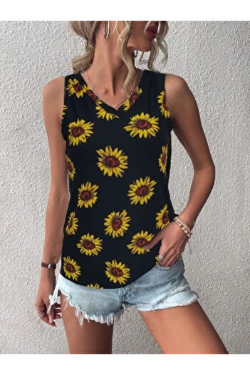 Kokosh moda Γυναικεία κρεπ μπλούζα με σχέδιο ηλίανθου - V λαιμόκοψη, αμάνικη