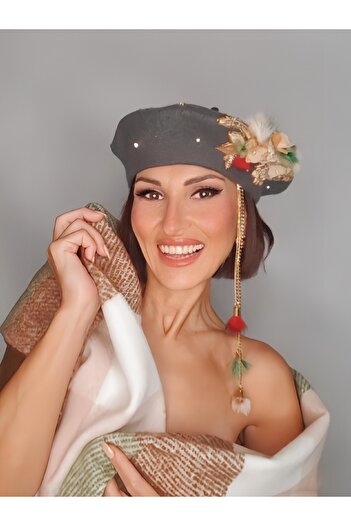 Senbeno Design ÖZGÜN TASARIM TÜY DANTEL VE TAŞ DETAYLI OPSİYONEL ZİNCİR SALLANTILI GRİ KADIN FRANSIZ RESSAM BERESİ