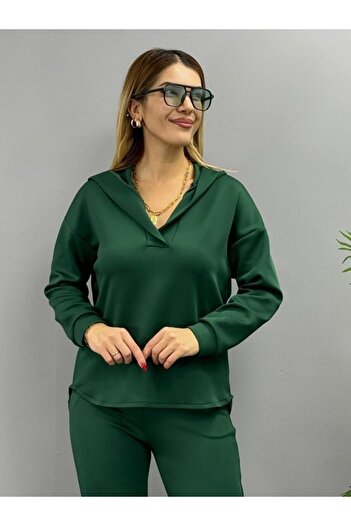 Butik Melenza Γυναικείο Σετ Φούτερ με μακρυμάνικο λαιμόκοψη σε σχήμα V με λεπτομέρεια κουκούλας και αθλητική φόρμα με ψηλή μέση