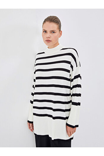 LC Waikiki Black Crew Neck Striped Women's Knitwear Tunic