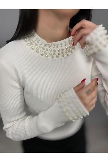 Qutu Butik 10618 Pearl Tricked Sweater with Back Knitted Detail