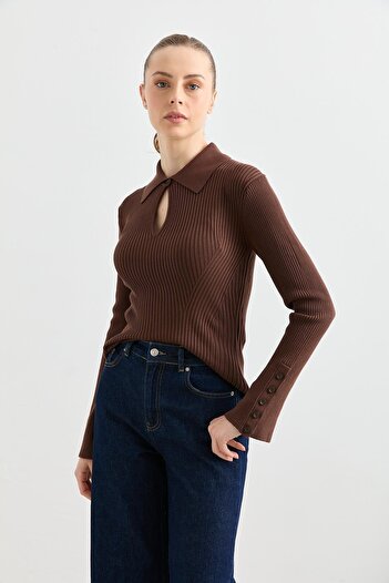 Dilvin 10637 Πλεκτό πουλόβερ Polo Neck με κουμπιά