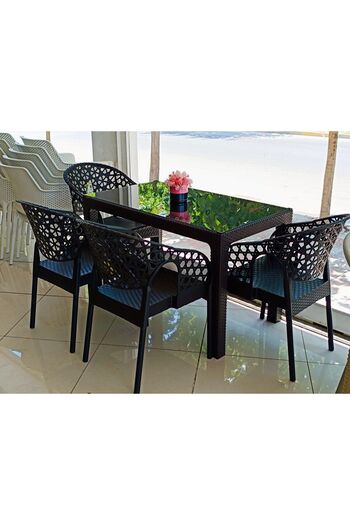 ZİYNET HOME 4 Adet Sandalye Rattan Bahçe Balkon Masa Takımı 4 Kişilik 70x120 cm Camlı Masa Set Pro 1. Kalite