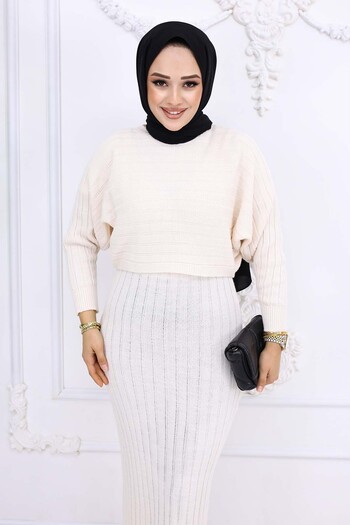 benguen Stone Color Ribbed Gilet Knitwear Set - 4045