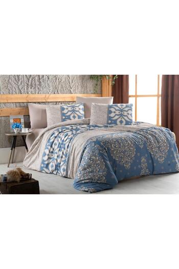 Bayev Double Cotton Duvet Cover Set - Ranforce Fabric, Spike Blue Cream Bed Sheet, Pillow