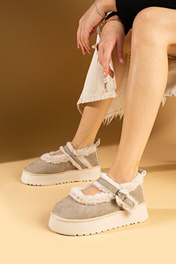 Pembe Potin Women's Beige Nubuck Ballerina Model with Hairy Inside Flat Thick Comfortable Sole Women's Shoes