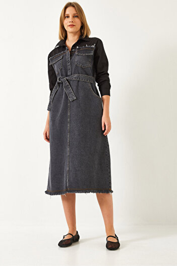 Bianco Lucci Women's Shirt Collar Denim Dress with Belt 8171 60351337