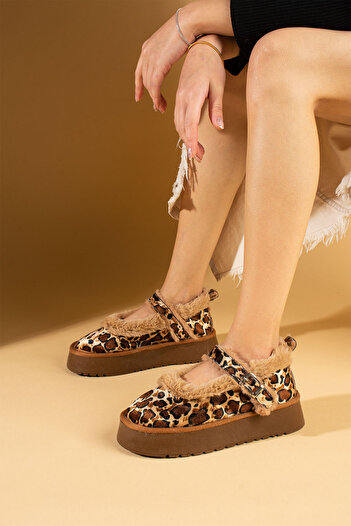 Pembe Potin Women's Tan Leopard Nubuck Ballerina Model with Hairy Inside Flat Thick Comfortable Sole Women's Shoes
