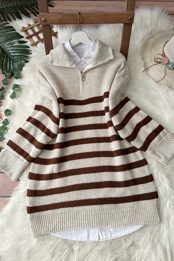 MODAQU Stone Color Zippered Striped Soft Knitwear Sweater