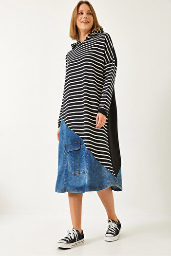Bianco Lucci Women's Hooded Striped Hemline Denim Detail Dress 8047 60351352