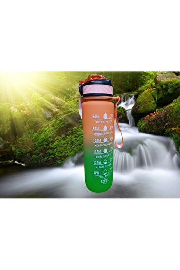 Dükkanönü Green-Orange Lockable Leak Proof Lid Flask with Straw and Motivational Lettering Flask 1 Liter