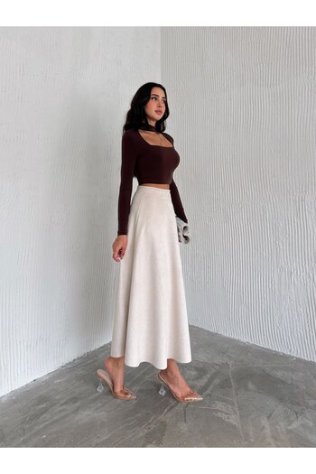 Ozy Fashion Fusta evazată de damă din piele intoarsa culoare crem