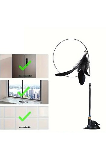 Choice Black Enhanced Cat Teaser Toy - Interactive Bell & Feather Wand - Long Suction Cup Pole for Exciting
